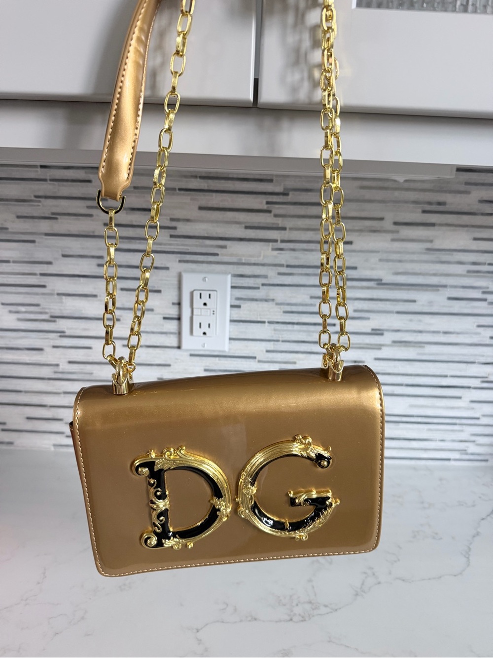 Gold DG Logo Patent Leather Shoulder Bag